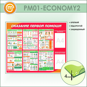 Стенд «Оказание первой помощи» с плоским и объемным карманами (PM-01-ECONOMY2)